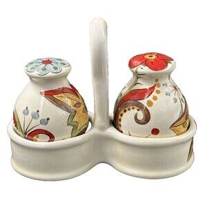 Pier 1 Imports Carynthum Ceramic Salt and Pepper Shaker Set with Caddy Holder